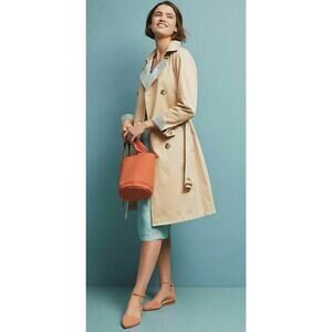 Anthropologie Gingham Lined Trench Coat Blue Khaki Tan Jacket Classic Women's L